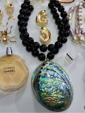 Handmade Black Bead Necklace with Iridescent Abalone Pendant
